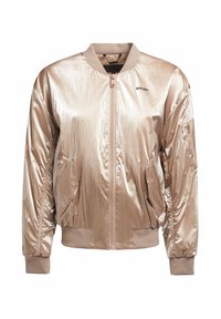 Metalická bomber bunda v barvě růžového zlata se zapínáním na zip, žebrovanými manžetami a dvěma předními kapsami. Hladká textura s mírně lesklým povrchem.