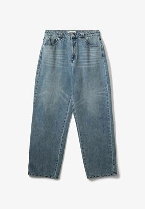 Light blue denim jeans with a relaxed fit, five pockets, belt loops, and visible fading on the thighs. Straight leg design.