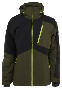 Veste d'hiver à capuche pour hommes en noir et vert olive avec des fermetures éclair jaune néon et une poche poitrine, manches longues et sangles de poignet réglables.