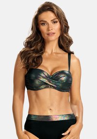 Czarny stanik bikini z detalem w postaci skręconego przodu, wykonany z błyszczącego iryzującego materiału. Regulowane ramiączka i gładka powierzchnia.