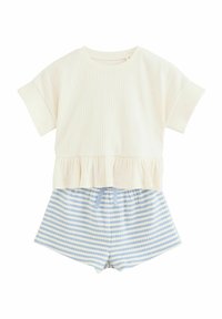 Sæt i to dele af bomuld bestående af en ribbet top i crepe med flæsekant og blå stribede shorts med snøre i taljen.