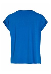 Chemise bleue unie à manches courtes avec poignets retroussés, coupe décontractée et col rond, vue de dos sur fond blanc.