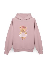 Jasnoróżowa bluza z kapturem z ilustracją bajkowego misia w sukience, z różową opaską na głowie i różdżką, na miękkim, teksturowanym materiale.