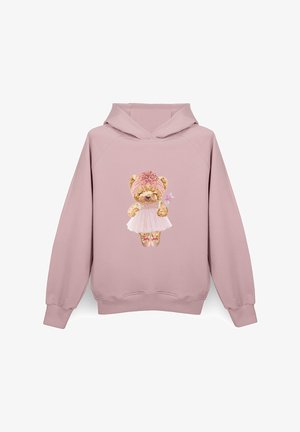 Jasnoróżowa bluza z kapturem z ilustracją bajkowego misia w sukience, z różową opaską na głowie i różdżką, na miękkim, teksturowanym materiale.
