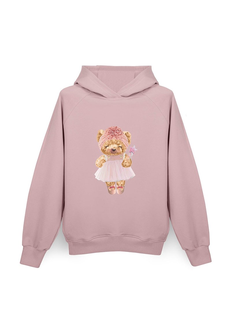 Jasnoróżowa bluza z kapturem z ilustracją bajkowego misia w sukience, z różową opaską na głowie i różdżką, na miękkim, teksturowanym materiale.