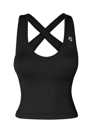 Schwarzes enganliegendes Sport-Top mit breiten, gekreuzten Trägern und kleinem grauem Logo auf der oberen linken Brust.