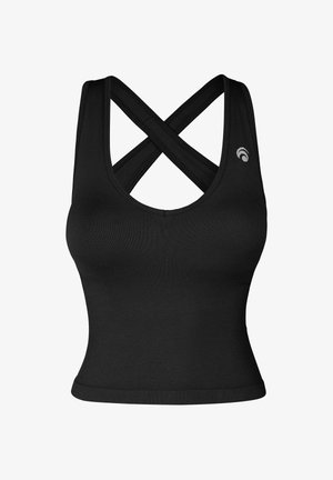 Schwarzes enganliegendes Sport-Top mit breiten, gekreuzten Trägern und kleinem grauem Logo auf der oberen linken Brust.