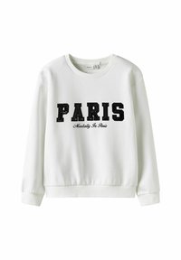 Valge dressipluus musta tekstiga "PARIS" ja "Mentally In Paris", ribatud varruka- ja alläärega, ümar kaelus ning pehme tekstuur.