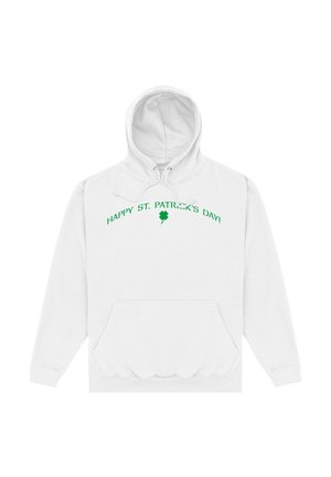 Weißer Hoodie mit Fronttasche, Kordelzugkapuze und grünem Text „HAPPY ST. PATRICK'S DAY!“, gebogen über einer kleinen Kleeblatt-Grafik.