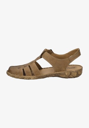 Brown leather sandal with open toe design, featuring cut-out details on the sides, stitched accents, and a textured rubber sole.