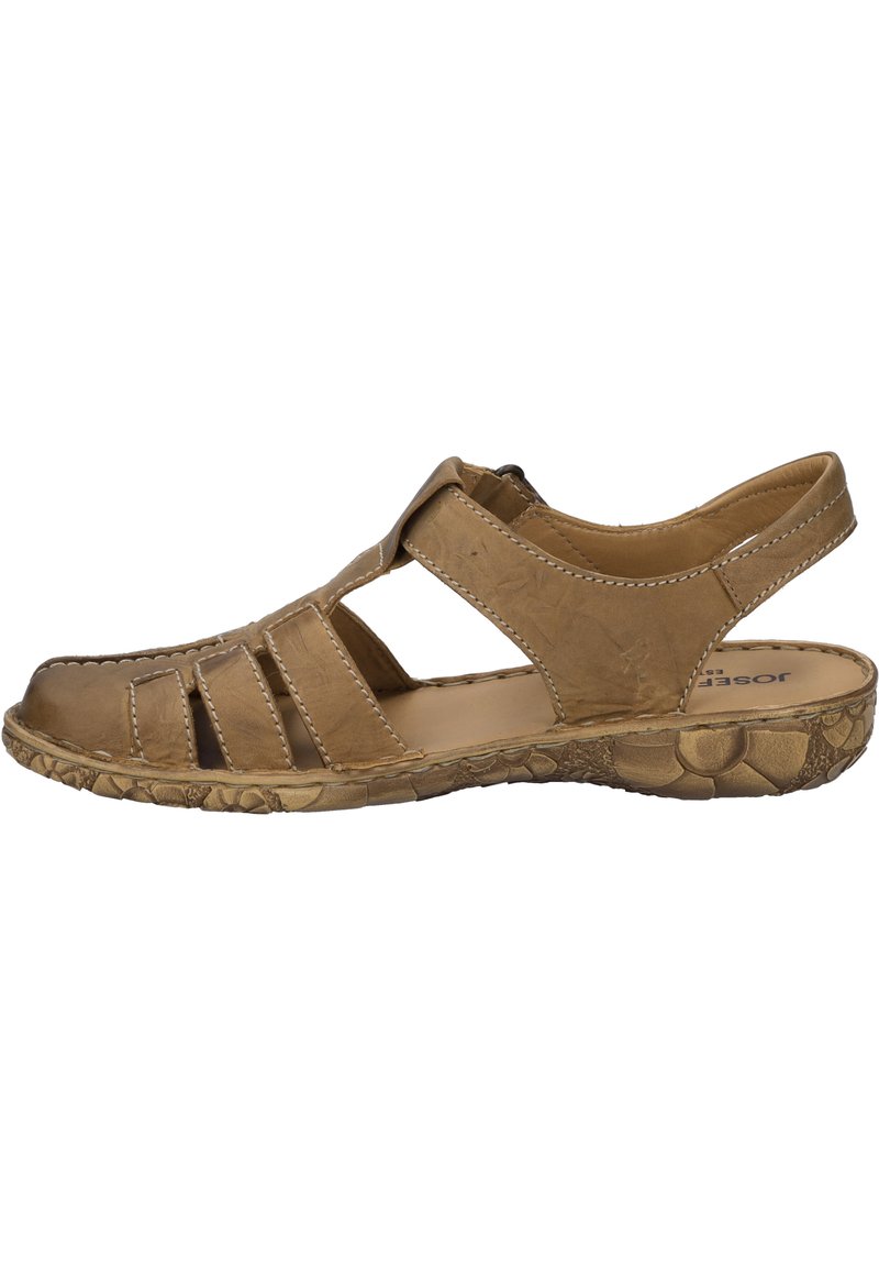 Braune Leder-Sandale mit offenem Zehendesign, ausgestattet mit Ausschnitten an den Seiten, genähten Akzenten und einer strukturierten Gummisohle.