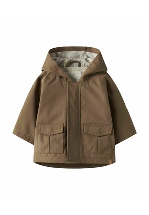 Barna kapucnis dzseki elülső zsebtoldásokkal, hosszú ujjakkal és bézs belső béléssel, gyermekek számára tervezve.