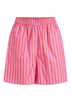 Roze en rode verticale gestreepte shorts met een elastische tailleband, gemaakt van lichtgewicht stof geschikt voor casual gebruik.