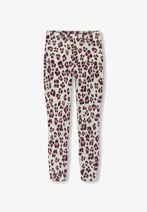 Læderprægede leggings med en lys beige bund og lilla samt mørkebrune pletter. Fremstillet af et ribbet stof for ekstra tekstur.