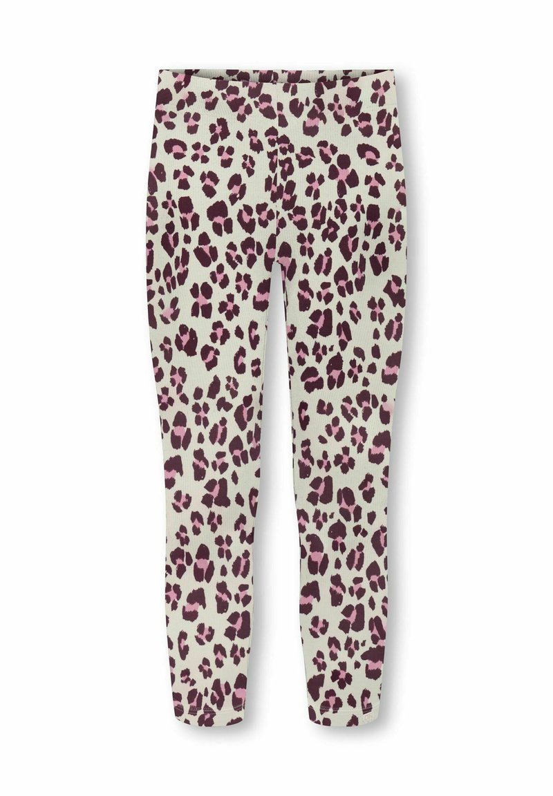 Læderprægede leggings med en lys beige bund og lilla samt mørkebrune pletter. Fremstillet af et ribbet stof for ekstra tekstur.