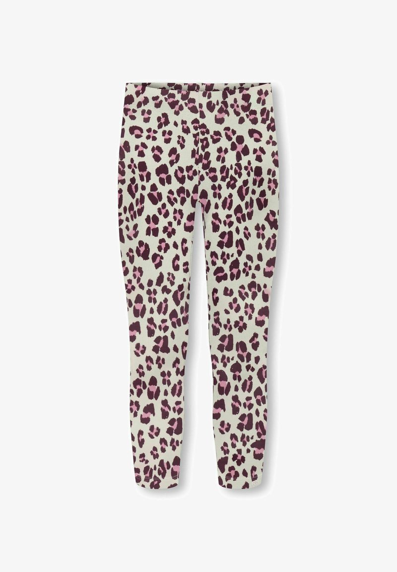 Læderprægede leggings med en lys beige bund og lilla samt mørkebrune pletter. Fremstillet af et ribbet stof for ekstra tekstur.