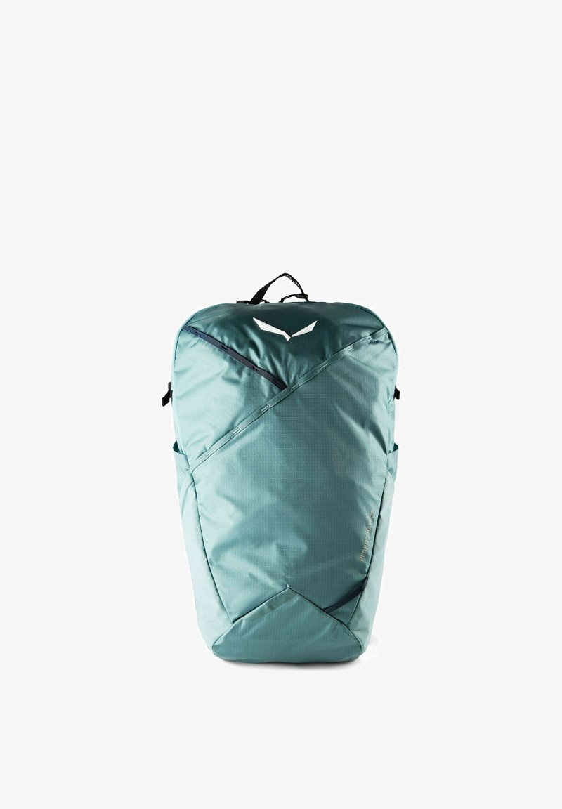 Teal, angular-shaped backpack with multiple zippered compartments and a black top handle against a white background.