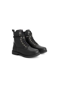 Black leather lace-up ankle boots with side zipper, round toes, and rugged soles, shown on white background.