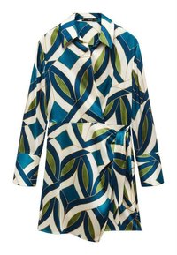 Langärmliges Wickelkleid mit Kragen, das ein geometrisches Muster in Türkis, Weiß, Grün und goldenen Akzenten auf einem seidig glänzenden Stoff zeigt.