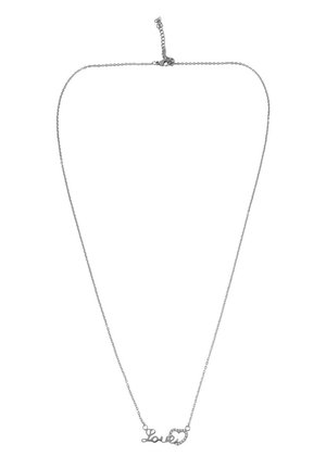 Silver chain necklace with a cursive "Love" pendant featuring a heart, minimalistic design, polished finish, and delicate link pattern.