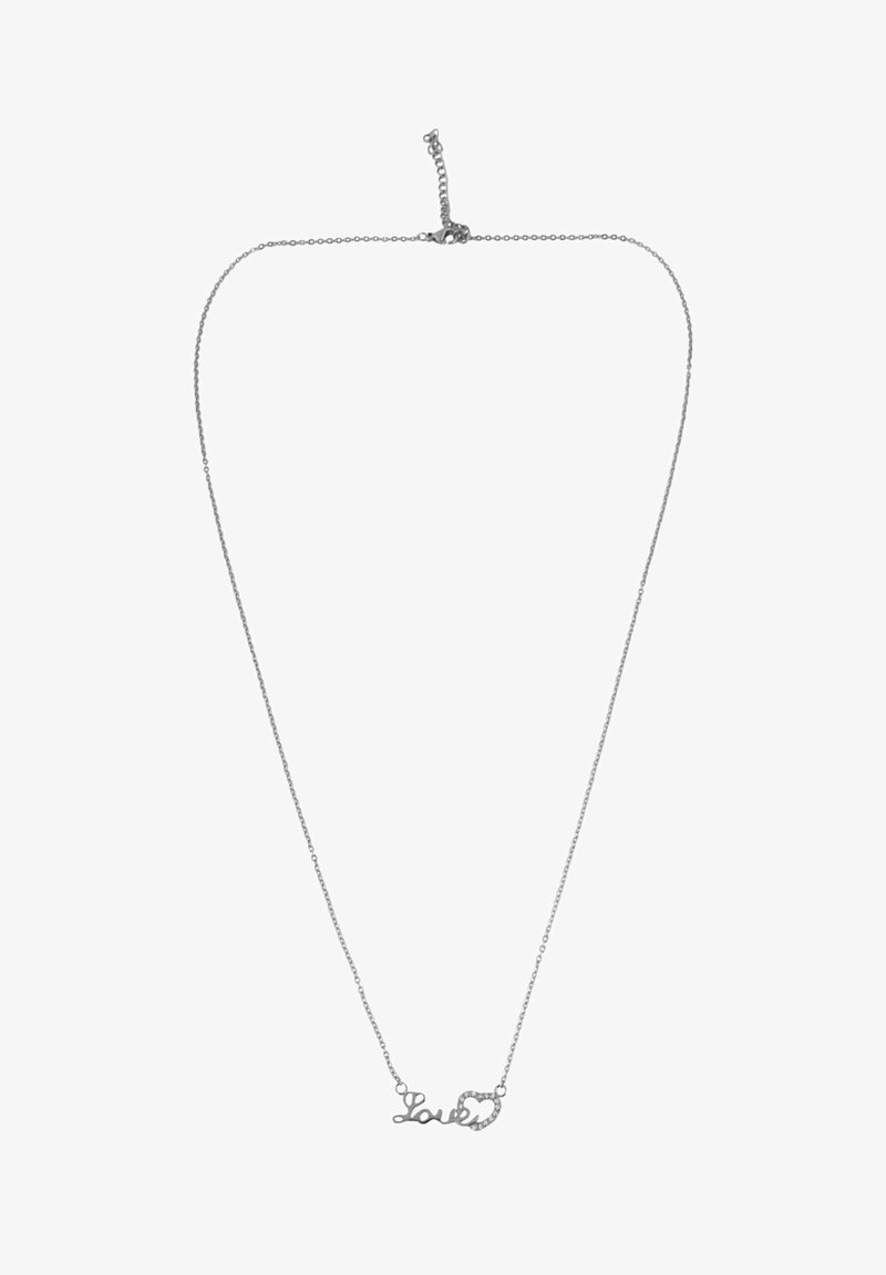 Collana in argento con ciondolo in corsivo "Amore" che presenta un cuore, design minimalista, finitura lucida e delicato schema di maglie.