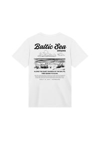 White cotton t-shirt featuring a black printed design on the back with "Baltic Sea" text, a landscape, and descriptive text detailing the Baltic region.