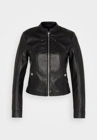 Giubbotto in pelle nera con zip frontale, design aderente, morbida texture e dettagli in metallo silver sulle spalle e sui polsini.