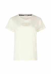 Kreminės spalvos trumpa rankovė T-shirt, pagaminta iš medvilnės, su tekstūruotu grafiniu dizainu priekyje ir kontrastingo atspalvio apykaklės apdaila.
