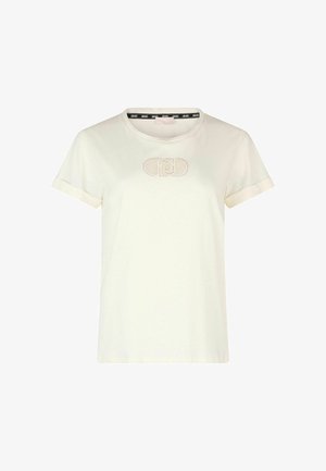 T-shirt corto a maniche corte di colore crema realizzato in cotone, con un design grafico testurizzato sulla parte anteriore e una rifinitura del collo in contrasto.