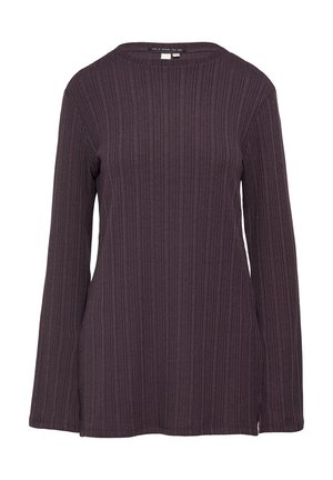 Langarm, ribbeltop in donkerpaars, met een ronde halslijn en zijslits voor gemakkelijk bewegen. Zachte stoftextuur.