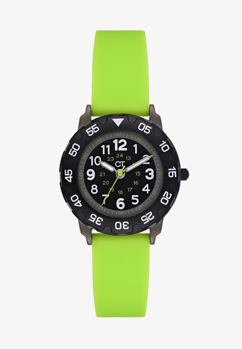 Schwarzanaloge Uhr mit auffälligen weißen Ziffern auf einem runden Zifferblatt, grünen Akzenten und einem flexiblen, leuchtend grünen Silikonarmband.