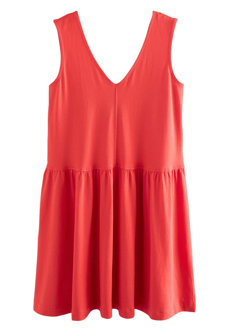 Robe en coton corail avec un décolleté en V, sans manches et une jupe évasée. Dotée d'une taille froncée et d'une texture de tissu lisse.