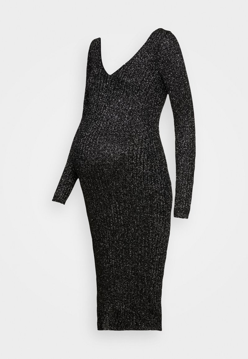 Robe de maternité noire en maille scintillante à manches longues avec encolure en V et silhouette ajustée.