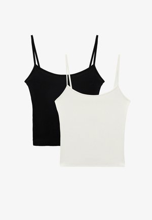 Zwei Trägertops in Schwarz und Weiß, mit schlankem Schnitt, glattem Stoff, dünnen verstellbaren Trägern und einem einfachen, nahtlosen Design.