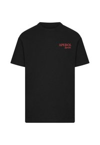 Black cotton t-shirt with a crew neck; features red text "APEROL Spritz" on the left chest area. Short sleeves, plain design.
