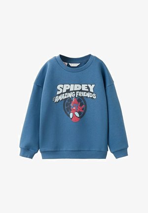 Blauer Sweatshirt mit Spidey-Charakter und dem Text "Spidey und seine fantastischen Freunde" auf der Vorderseite.