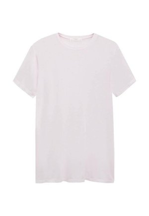 Tricou scurt cu mânecă scurtă, de culoare roz pal, fabricat dintr-un material moale, cu guler rotund și o croială relaxată, fără modele sau accente vizibile.