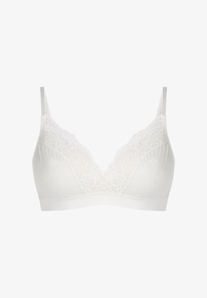 Witte kanten beha met gestippelde mesh stof, verstelbare bandjes en een brede onderband voor ondersteuning.