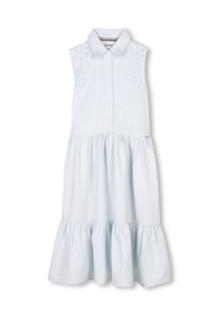 Robe sans manches bleu clair avec des rayures blanches. Présente un front à boutons, un col et un ourlet à volants. Détails brodés sur les épaules.