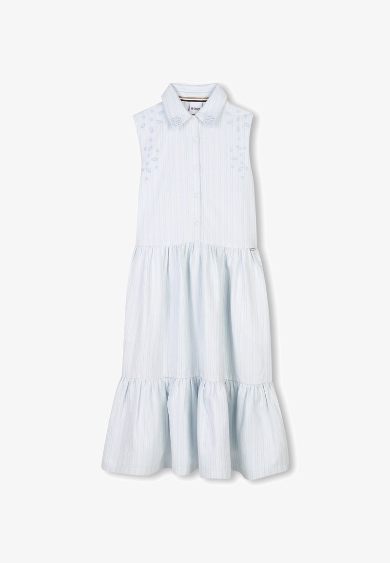 Robe sans manches bleu clair avec des rayures blanches. Présente un front à boutons, un col et un ourlet à volants. Détails brodés sur les épaules.