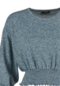 Niebieski, teksturowany sweter typu crop z okrągłym dekoltem, bufkami na długich rękawach oraz marszczonym paskiem w talii dla dopasowanego wyglądu.