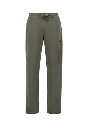 Pantaloni della tuta verde oliva realizzati in morbido tessuto, con vita elastica e cordoncino, e un logo verticale in testo scuro su una gamba.