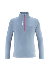 Pull-over en polaire bleu clair avec un col zippé, des manches longues et une surface texturée. Présente une fermeture éclair rouge et un logo sur la poitrine et la manche.