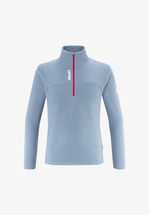 Helles blaues Fleece-Pullover mit einem Reißverschluss am Hals, langen Ärmeln und einer strukturierten Oberfläche. Enthält einen roten Reißverschluss und ein Logo auf der Brust und dem Ärmel.