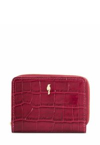 Czerwony portfel z tłoczonym wzorem krokodyla, z złotym zamkiem błyskawicznym, z dyskretnym logo ptaka i teksturą, kompaktowy i prostokątny design.