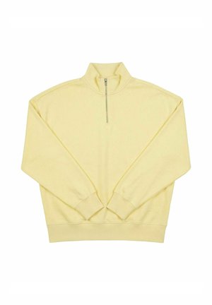 Svetložltá mikina s dlhým rukávom, s rebrovanými manžetami a lemom, s polovičným zipsom na výstrihu a stojacím golierom.