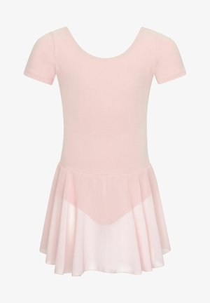 Light pink dance dress with a fitted bodice, short sleeves, and a flowing skirt made of a sheer overlay, featuring a layered design.
