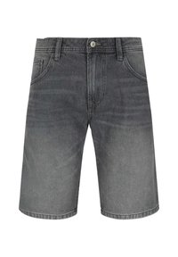 Shorts de mezclilla gris con un acabado deslavado, cinco bolsillos y cierre de botón. Corte recto con detalles de costura en las costuras.