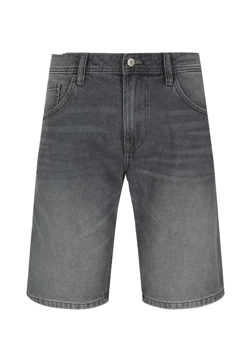 Shorts de mezclilla gris con un acabado deslavado, cinco bolsillos y cierre de botón. Corte recto con detalles de costura en las costuras.