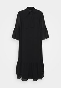 Robe noire midi en tissu léger, avec un col noué, des manches volantées et un ourlet à volants. Texture lisse avec une silhouette fluide.